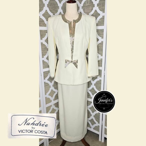 Nahdree' by Victor Costa Vintage Off-White Beaded Dress & Jacket Set Size 12